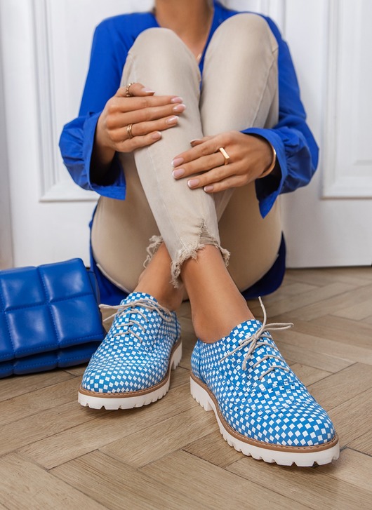 półbuty damskie SKÓRZANE PÓŁBUTY ZAPATO - MODEL 258 - KOLOR NIEBIESKA SZACHOWNICA
