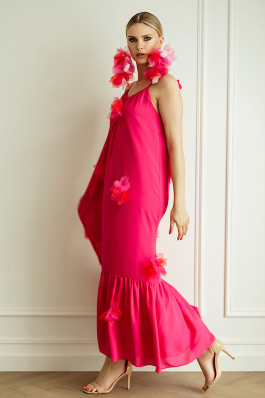 sukienki maxi damskie Summer In The City fuksja z kwiatami MADE IN WROCŁAW
