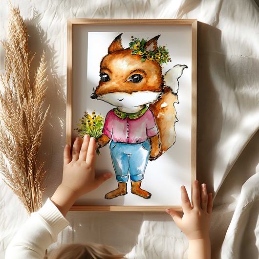 grafiki i ilustracje Lisiczka ogrodniczka akwarela do pokoju dziecięcego oryginał