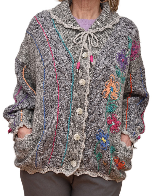 kardigany damskie Szary kardigan z haftowanymi kwiatami, rozmiar L/XL/XXL