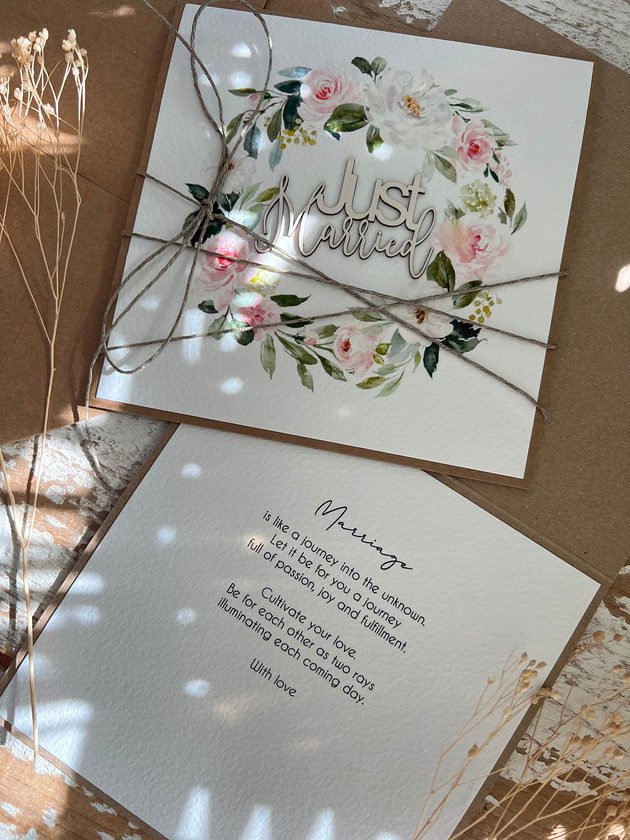 kartki scrapbooking Kartka ślubna ręcznie robiona boho wedding card Just Married
