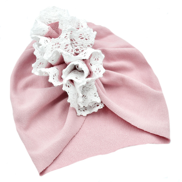 czapki dziecięce Turban czapeczka bawełniana brudny róż z koronką
