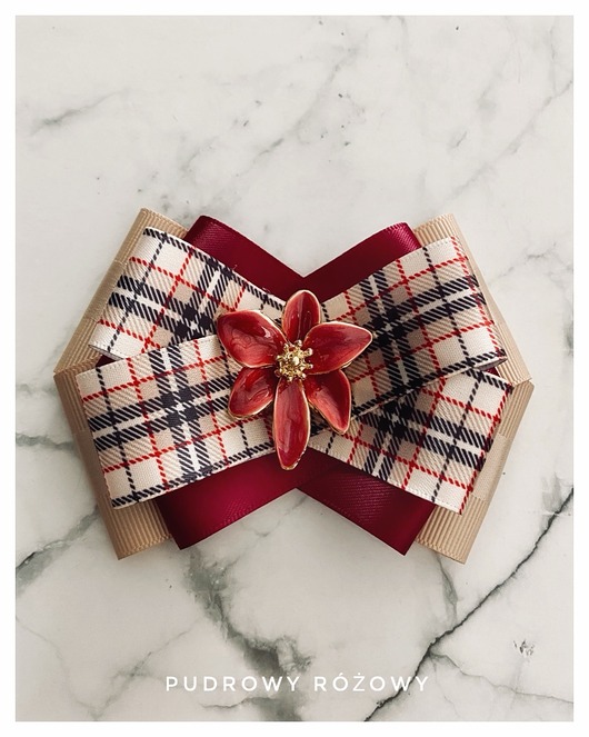 broszki Brosza Burgund z beżem w kratę z kwiatem 3d NOWOŚĆ