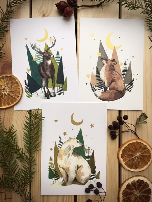 kartki świąteczne Zestaw pocztówek świątecznych Kartki Akwarela