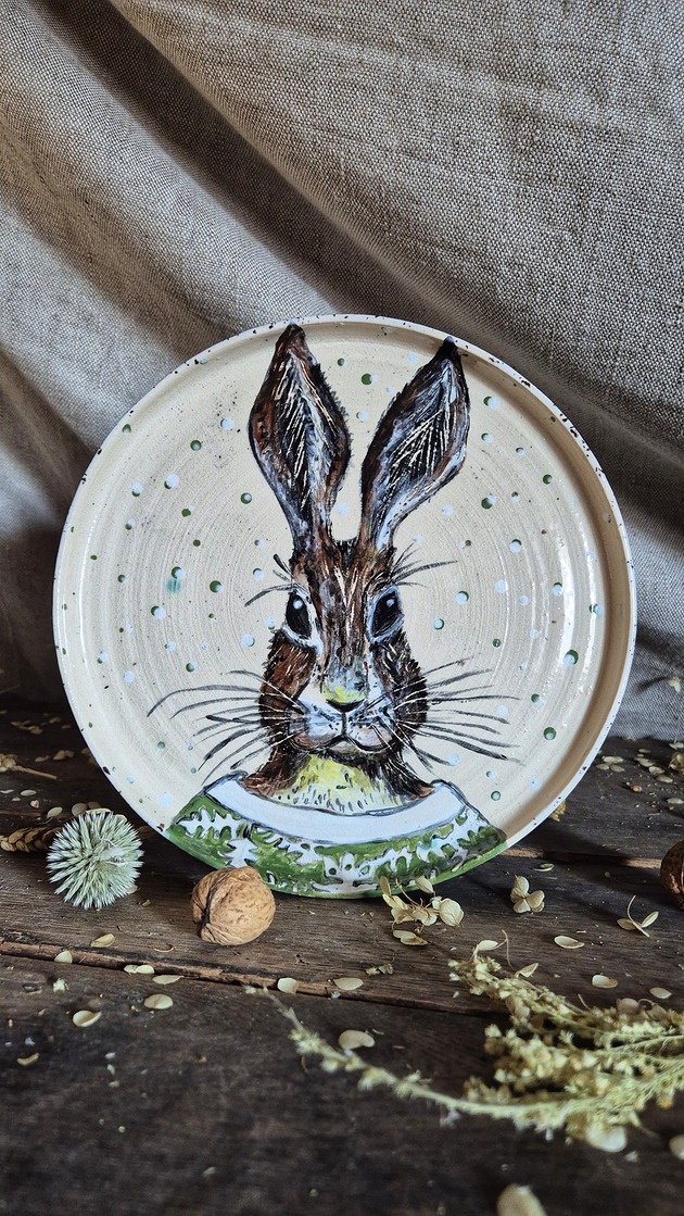 patery i talerze Talerz Królik zimowy, obiadowy talerz, świąteczny, baśniowy talerz