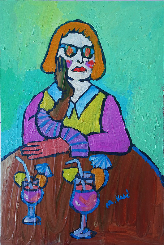 obrazy Obraz ręcznie malowany portret babcia z drinkiem