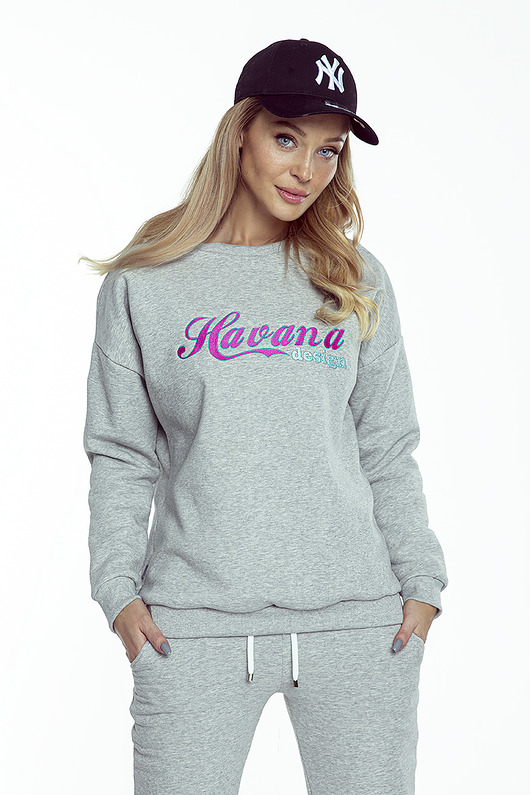 bluza bez kaptura damska Bluza bawełniana dresowa szara z haftem Havana