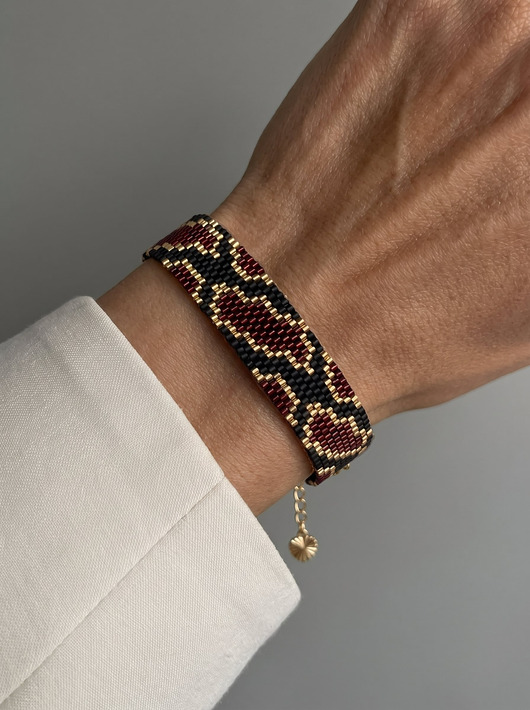 bransoletki ze szkła Bordowo złota bransoletka z koralików Miyuki - snake pattern
