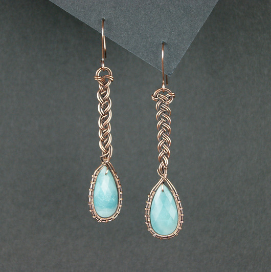 kolczyki wire wrapping Długie kolczyki z amazonitem