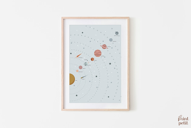 Autorska ilustracja UKŁAD SŁONECZNY,kosmos BOHO PRINTLOVE