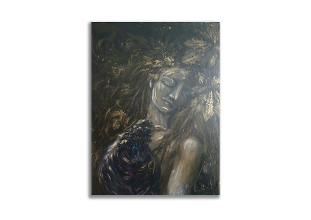 obrazy Obraz olejny ręcznie malowany 60x80cm "Kruk" las czarny