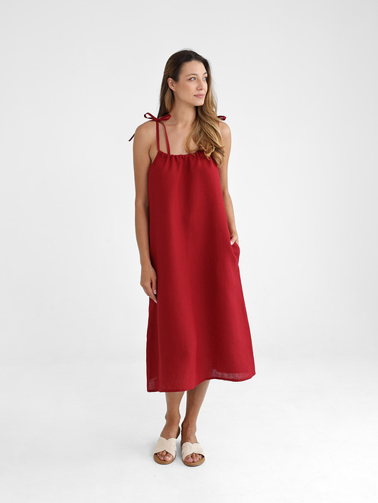 sukienki midi damskie Lniana Sukienka FLORA MIDI red wine