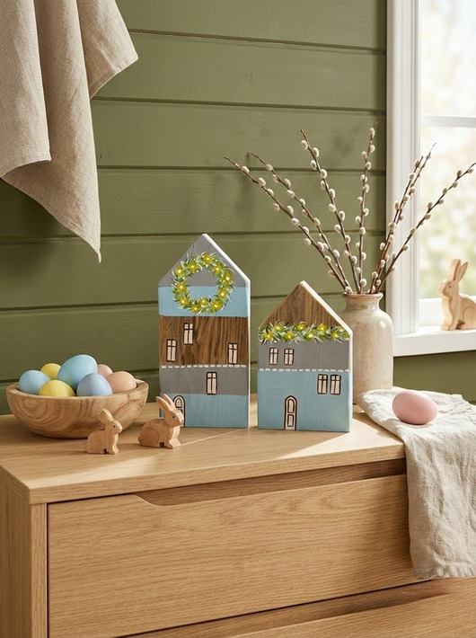 ozdoby wielkanocne Drewniane Domki Skandynawskie, zestaw wioseny - wielkanocny