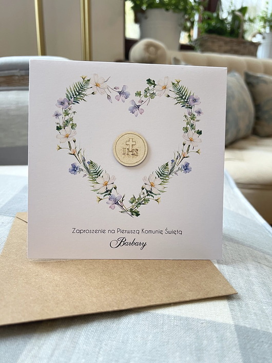 zaproszenia na komunię Białe eleganckie zaproszenia komunijne, na komunię ręcznie robione z wiankiem