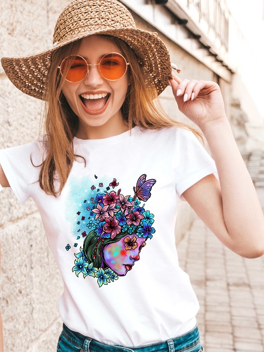 Koszulka organiczna z nadrukiem Lady and flower ART ORGANIC