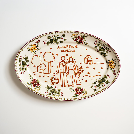 Ozdoby na ścianę Personalizowany półmisek ślubny - Para Młoda z pieskiem