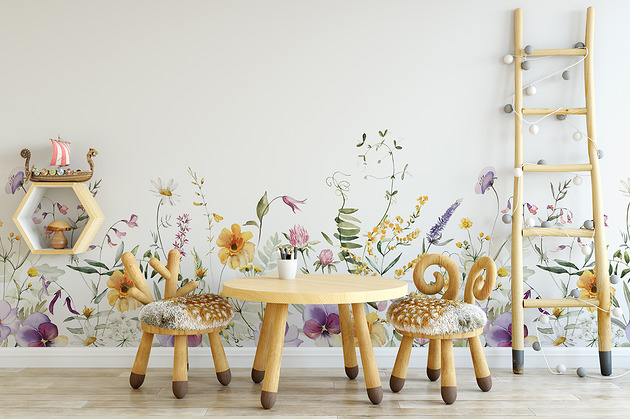 naklejki ścienne do pokoju dziecka Tapeta mural  KWIATOWA ŁĄKA FIOŁKI 350X125
