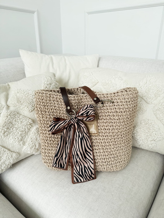 torby XXL Shopperka Craftbags z lekkiego sznurka - waniliowa z ozdobną apaszką