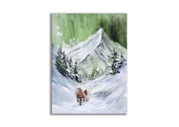 grafiki i ilustracje Obraz ręcznie malowany "Zima w górach"