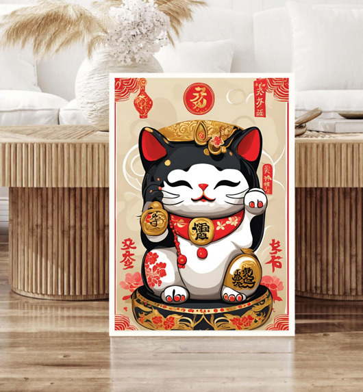 grafiki i ilustracje PLAKAT z kotem na szczęście , maneki neko grafika, japońska ilustracja