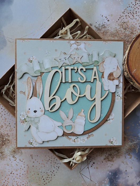kartki scrapbooking Kartka na baby shower chłopca (w pudełku)