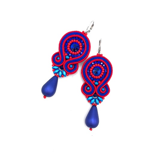 kolczyki soutache Kolczyki sutasz niebiesko czerwone kolorowe Cleo z dużą łezką
