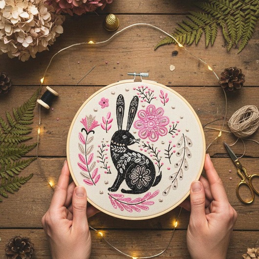 Ozdoby na ścianę Zając folk - haft w tamborku 20 cm