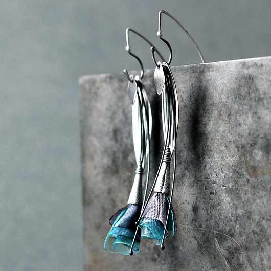kolczyki wire wrapping Srebrne delikatne kolczyki  listki