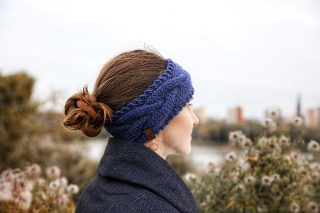 opaski do włosów Niebieska wełniana opaska warkoczowa na jesień