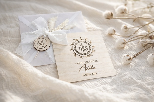 kartki na komunię Kartka na pamiątkę I Komunii Świętej DREWNIANA