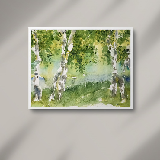 obrazy WYPRZEDAŻ OBRAZÓW! Akwarela pejzaż brzozy oryginalny obraz A5 21x15 cm
