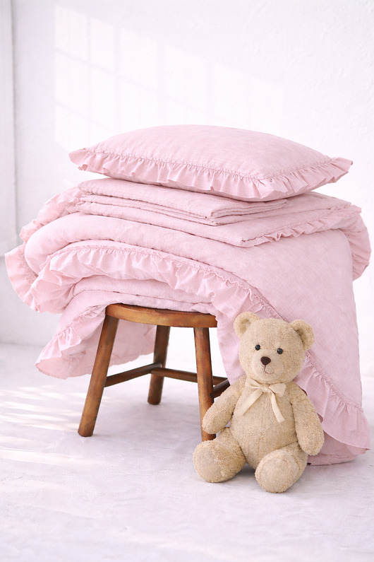 kocyki, kołderki, pościel dla dzieci Lniana pościel dziecięca z falbanką - jasny róż