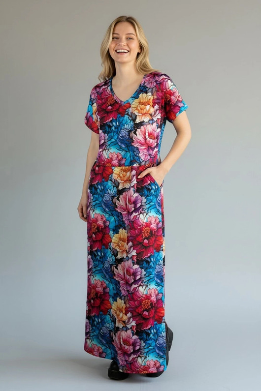 sukienki maxi damskie Sukienka maxi w kwiaty rozmiar L kieszenie gumka w pasie dekolt V