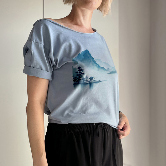 t-shirt damskie Jezioro góry japoński krajobraz Bladoniebieski Oversize