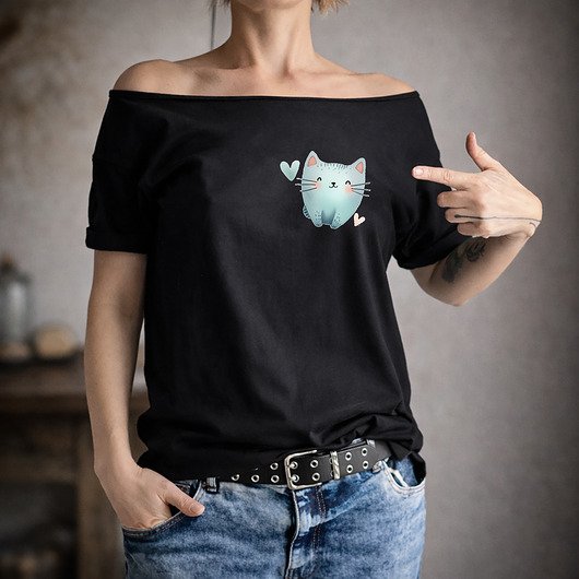 t-shirt damskie Kotek serduszko czarny Oversize