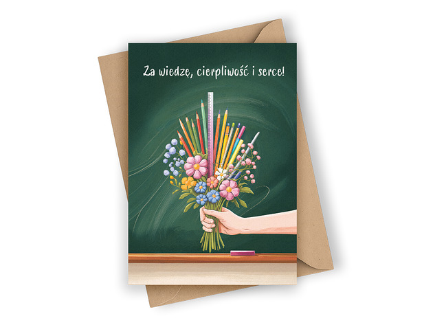 kartki okolicznościowe - wydruki Kartka na Dzień Nauczyciela- Za wiedzę, cierpliwość i serce!