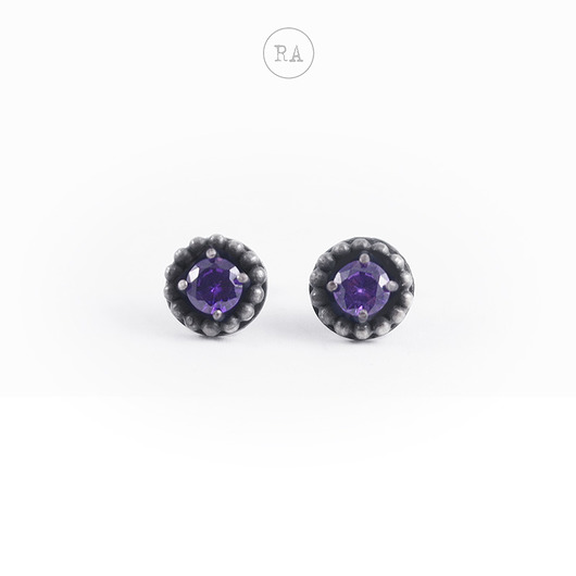 kolczyki srebrne Srebro z cyrkonią - kolczyki AMETHYST oksydowane