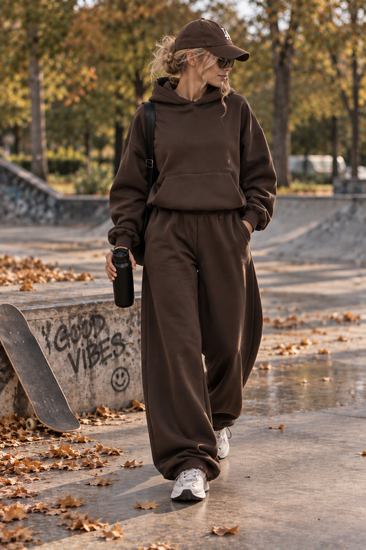 komplety damskie Dres Hoodie + Baggy 2W1 CHOCOLATE BROWN