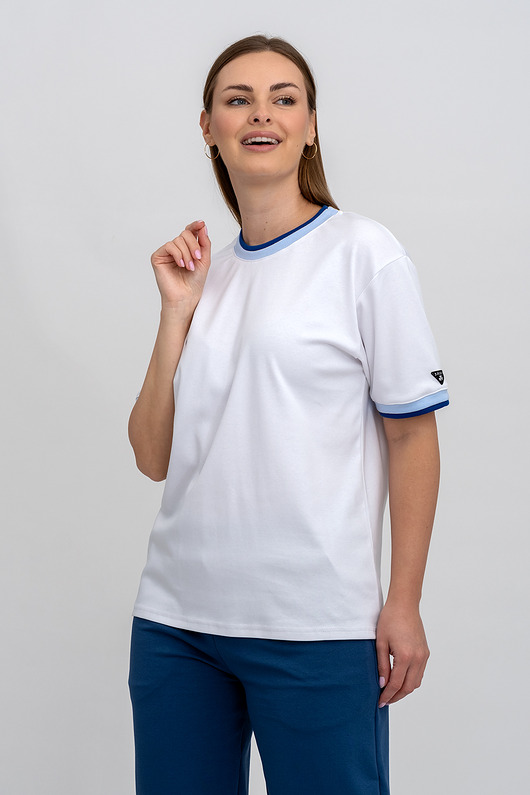 t-shirt damskie T-shirt biały basic  ściągacz (niebiesko/granat)