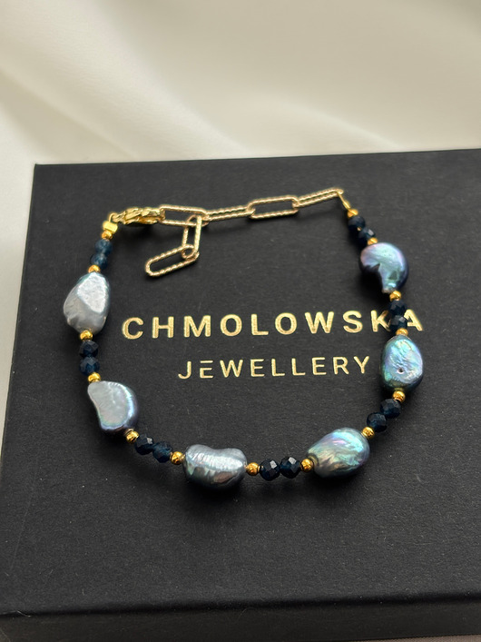 bransoletki złote Bransoletka Perły Granatowe i Szafir