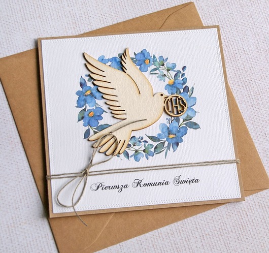 kartki na komunię Kartka z życzeniami : I Komunia Święta : niebieska : gołąb ihs.