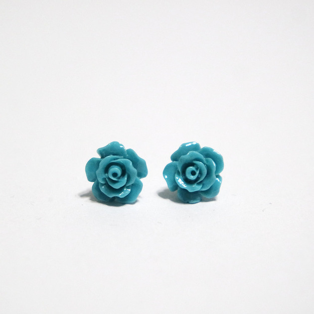 kolczyki - inne Kolczyki - Turkusowo niebieska róża 10 mm - koral