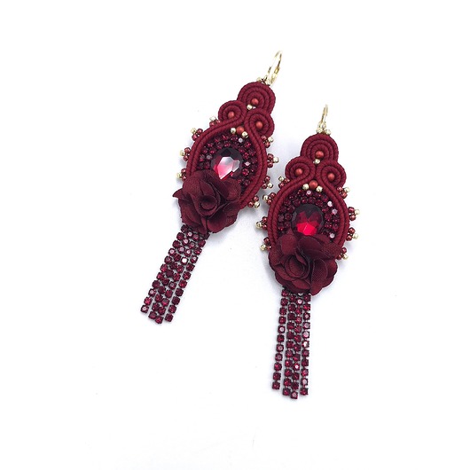kolczyki soutache Kolczyki sutasz bordowe wieczorowe błyszczące z cyrkoniami Joy