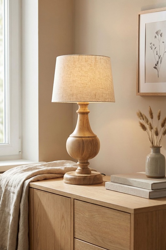 lampy stołowe Lampa stołowa drewniana z abażurem