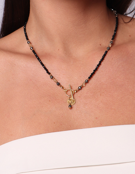 naszyjniki - inne Naszyjnik z kamieni naturalnych czarny turmalin cytryn i piryt