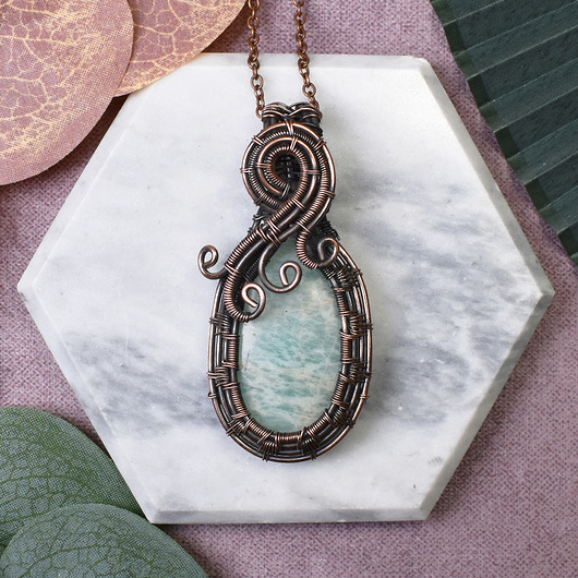 wisiory Miedziany wisiorek wire wrapping z amazonitem #470
