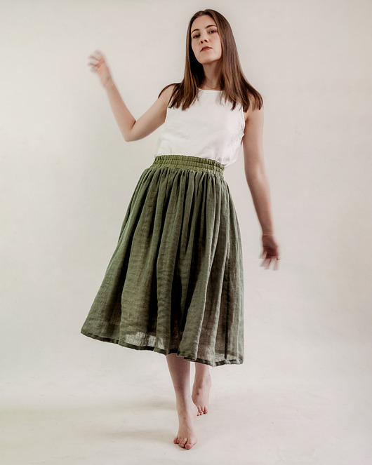 spódnice midi Lniana spódnica TUTU zgaszona zieleń