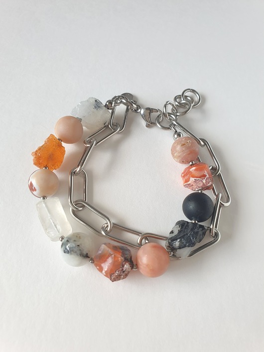 bransoletki z kamieni naturalnych Bransoletka RAW z grubym łańcuchem, opal ognisty, kryształ, czarny turmalin