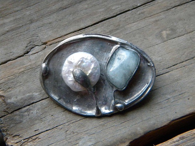 broszki Roślinek portret własny -  perła i akwamaryn