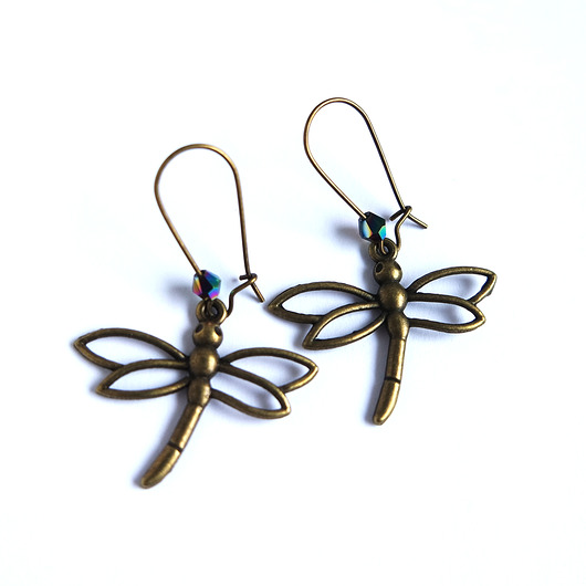 kolczyki - inne Kolczyki - Ważki średnie, brąz, koralik